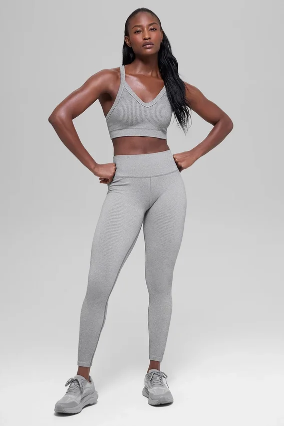 Nahtlose, High-Waist, zweifarbige Leggings mit Rippmuster – Light Misty Grey Heather