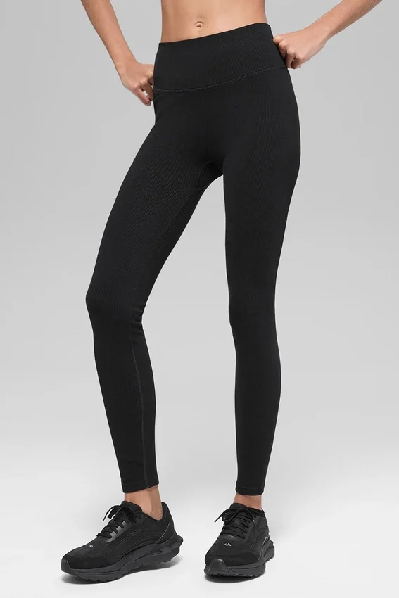 Nahtlose, zweifarbige High-Waist-Leggings mit geripptem Saum – Schwarz