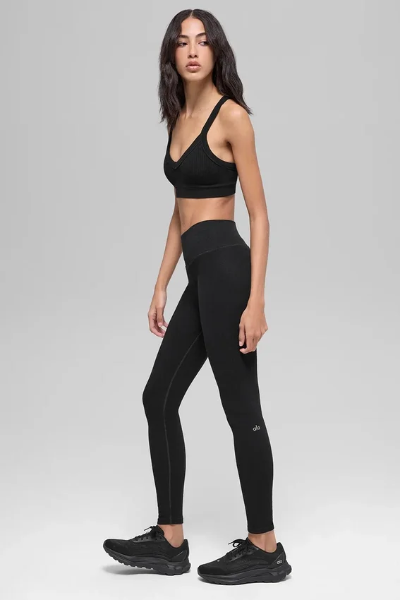 Nahtlose, zweifarbige High-Waist-Leggings mit geripptem Saum – Schwarz