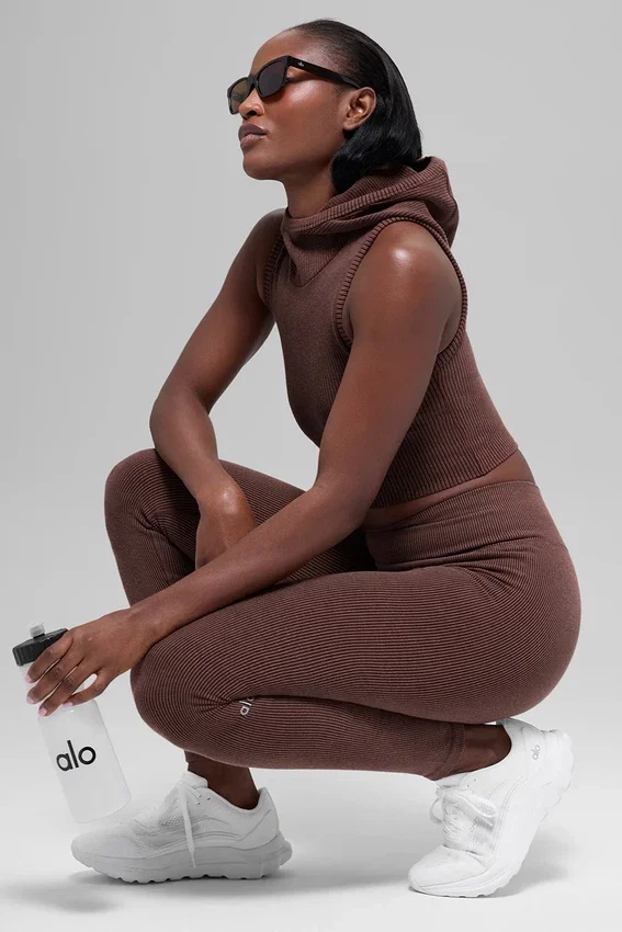 Nahtlose, zweifarbige High-Waist-Leggings mit geripptem Stoff – Brownstone Heather