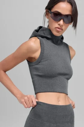 Nahtlose, zweifarbige Kapuzenweste aus geripptem Stoff – Dark Misty Grey Heather