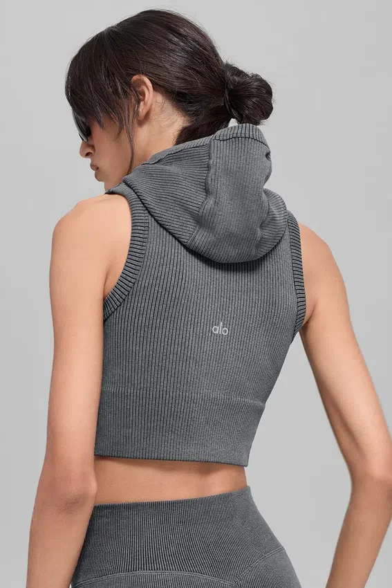 Nahtlose, zweifarbige Kapuzenweste aus geripptem Stoff – Dark Misty Grey Heather