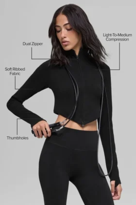 Nahtlose zweifarbige Rippstrickjacke – Schwarz