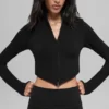 Nahtlose zweifarbige Rippstrickjacke – Schwarz