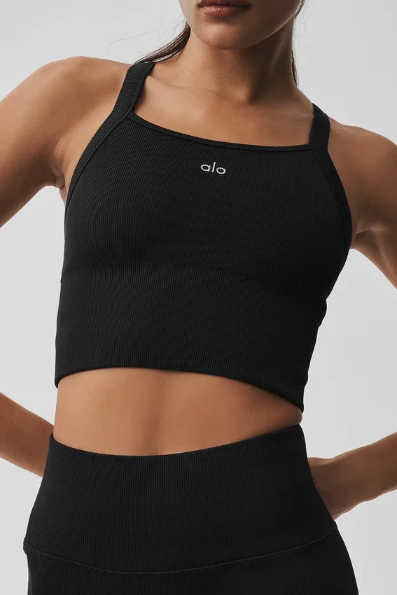 Nahtloser gerippter „Favorite“ BH-Top – Schwarz