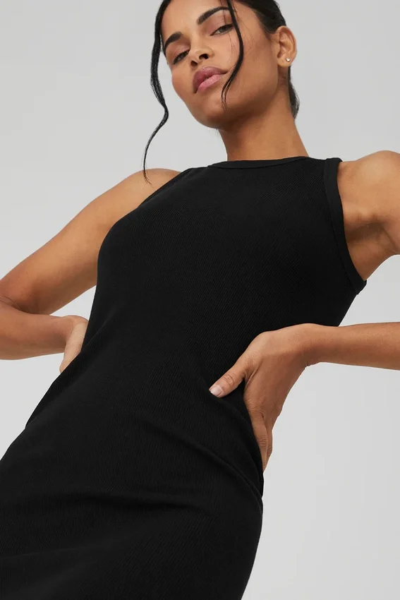 Nahtloses, geripptes „Warm Nights“-Kleid – Schwarz