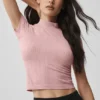 Nahtloses Pointelle-Oberteil mit Stehkragen und Kurzarmshirts – Vintage Pink