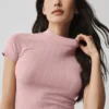 Nahtloses Pointelle-Oberteil mit Stehkragen und Kurzarmshirts – Vintage Pink
