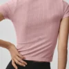 Nahtloses Pointelle-Oberteil mit Stehkragen und Kurzarmshirts – Vintage Pink
