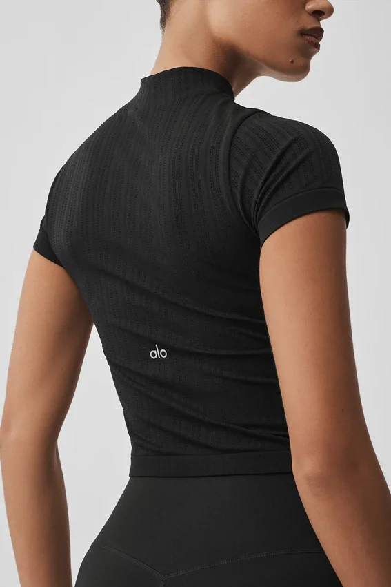 Nahtloses Pointelle-Shirt mit Stehkragen und Kurzarmshirts – Schwarz