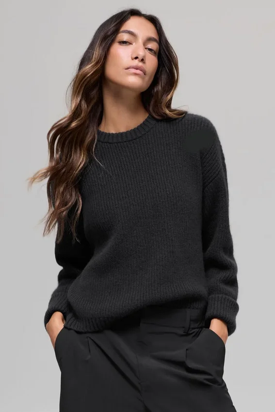 Nobler Rundhals-Pullover aus Wolle und Kaschmir mit Rippmuster – Schwarz