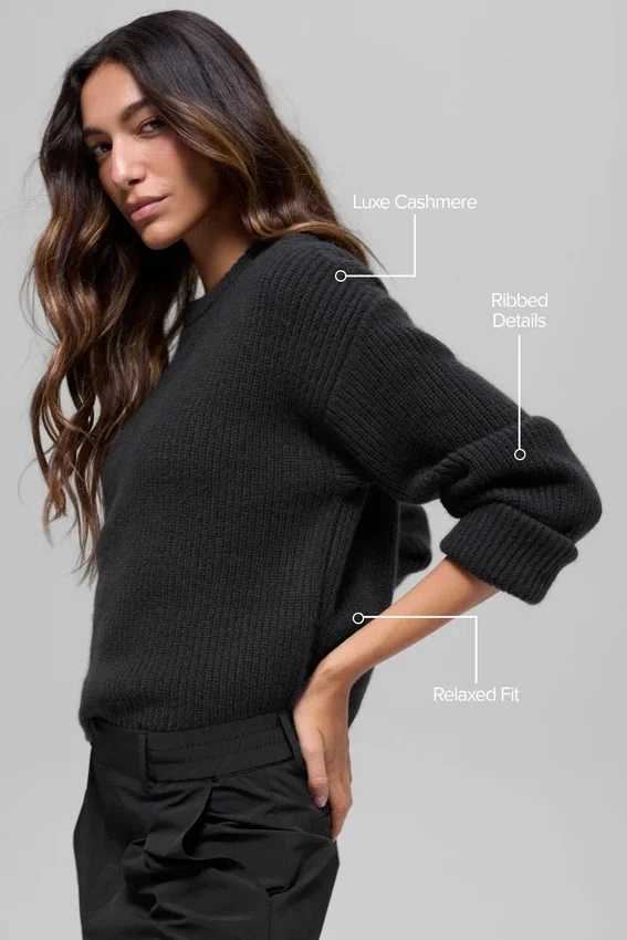 Nobler Rundhals-Pullover aus Wolle und Kaschmir mit Rippmuster – Schwarz