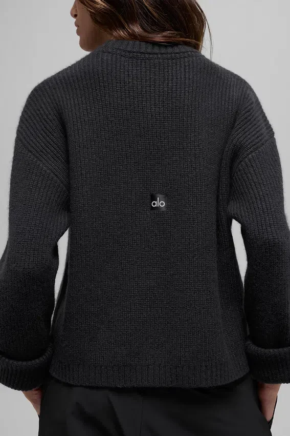Nobler Rundhals-Pullover aus Wolle und Kaschmir mit Rippmuster – Schwarz