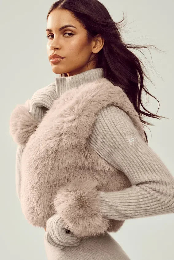 Northstar-Pullover aus Kaschmir mit Kunstfell und durchgehendem Reißverschluss – Oat Heather
