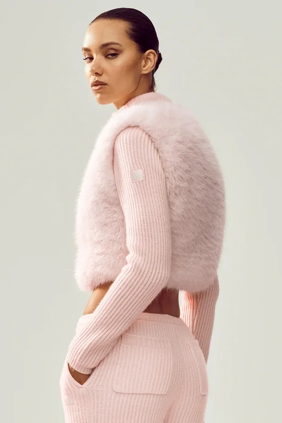 Northstar-Pullover mit durchgehendem Reißverschluss aus Kaschmir und Kunstfell – Frosted Pink