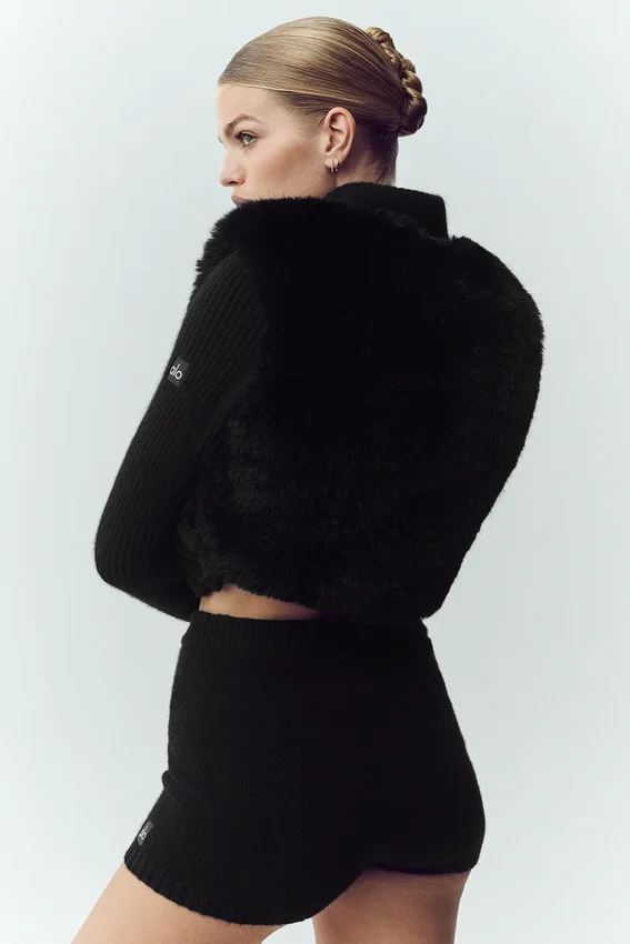 Northstar-Pullover mit durchgehendem Reißverschluss aus Kunstfell und Kaschmir – Schwarz