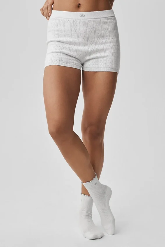 Pointelle-Pullover „Be Mine“ Hot Short – halbtransparent, weiß