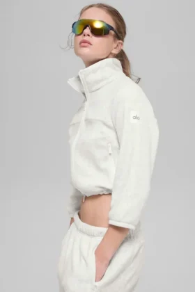 Polar Fleece Retreat Cropped-Jacke – Weiß-Meliert-Grau