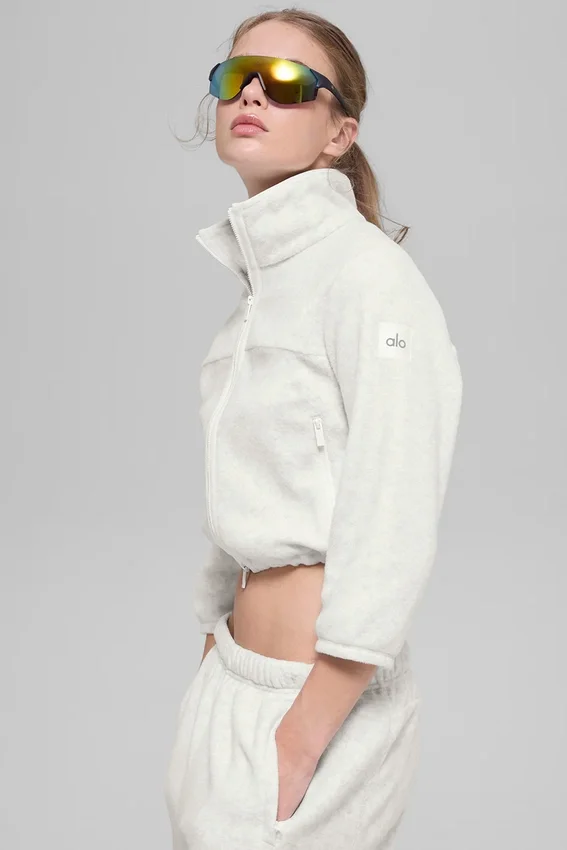 Polar Fleece Retreat Cropped-Jacke – Weiß-Meliert-Grau