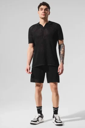 Polohemd mit offenem Strickmuster – Schwarz