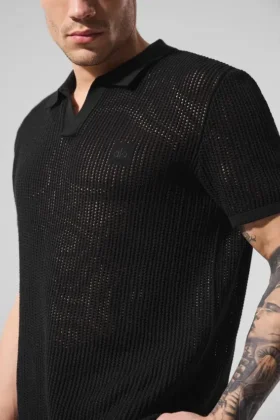 Polohemd mit offenem Strickmuster – Schwarz