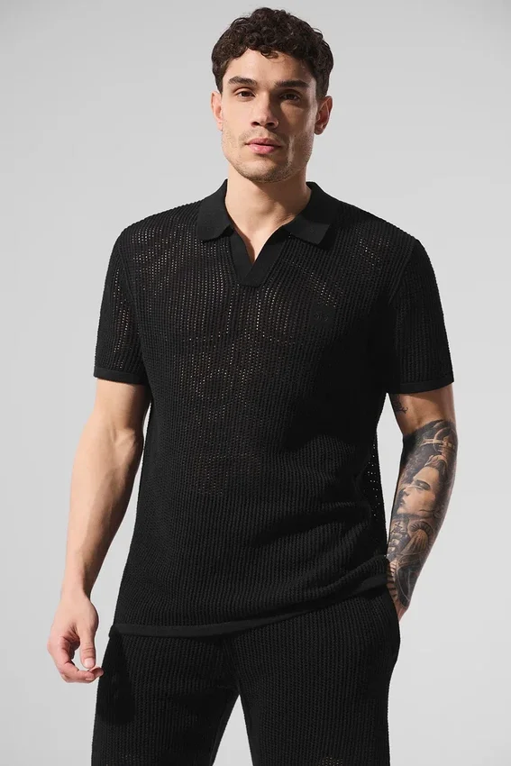 Polohemd mit offenem Strickmuster – Schwarz