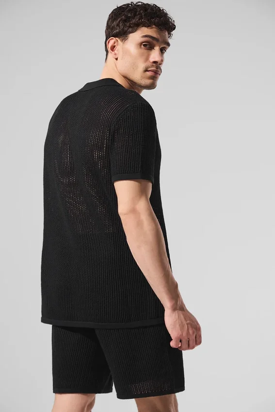 Polohemd mit offenem Strickmuster – Schwarz