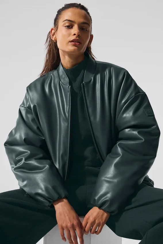 Premier-Bomberjacke aus Kunstleder – Charcoal Green