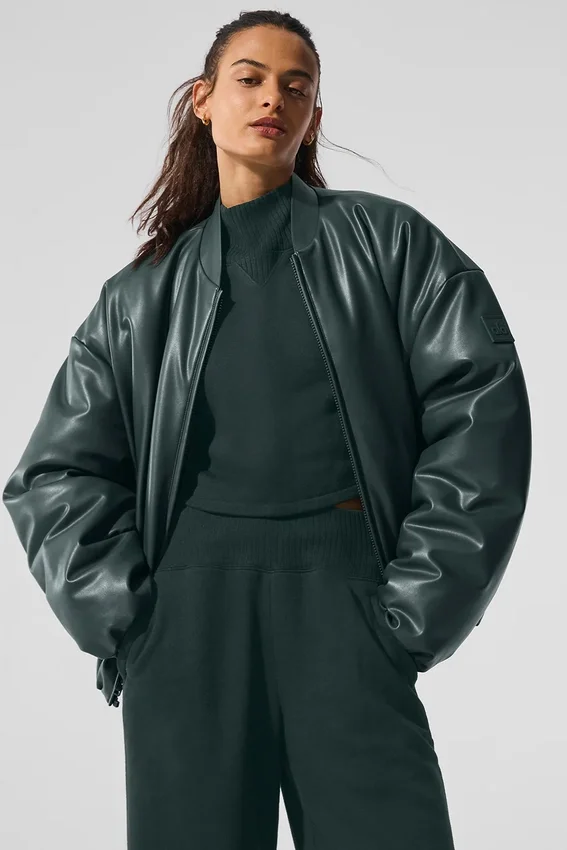 Premier-Bomberjacke aus Kunstleder – Charcoal Green