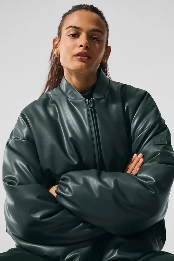 Premier-Bomberjacke aus Kunstleder – Charcoal Green