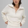 Pullover aus Kaschmir-Plüsch mit Waffelmuster und 1/4-Reißverschluss – Elfenbein