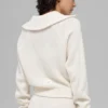 Pullover aus Kaschmir-Plüsch mit Waffelmuster und 1/4-Reißverschluss – Elfenbein