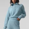 Pullover aus weichem Kaschmir-Waffelpiqué mit 1/4-Reißverschluss – Celestial Blue Heather