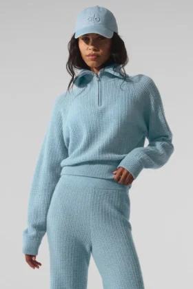 Pullover aus weichem Kaschmir-Waffelpiqué mit 1/4-Reißverschluss – Celestial Blue Heather