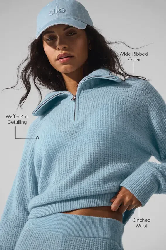 Pullover aus weichem Kaschmir-Waffelpiqué mit 1/4-Reißverschluss – Celestial Blue Heather