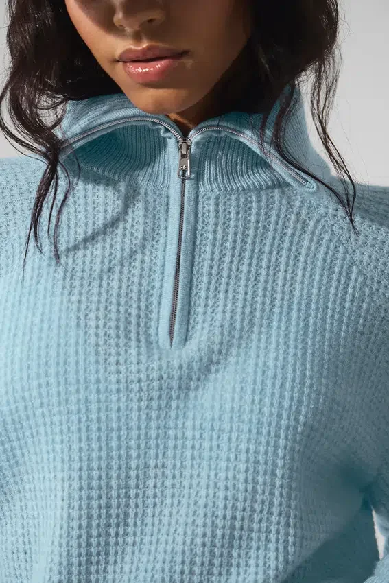 Pullover aus weichem Kaschmir-Waffelpiqué mit 1/4-Reißverschluss – Celestial Blue Heather
