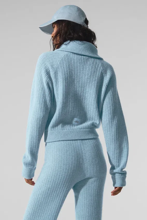 Pullover aus weichem Kaschmir-Waffelpiqué mit 1/4-Reißverschluss – Celestial Blue Heather