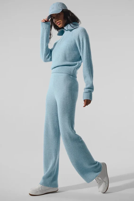 Pullover aus weichem Kaschmir-Waffelpiqué mit 1/4-Reißverschluss – Celestial Blue Heather