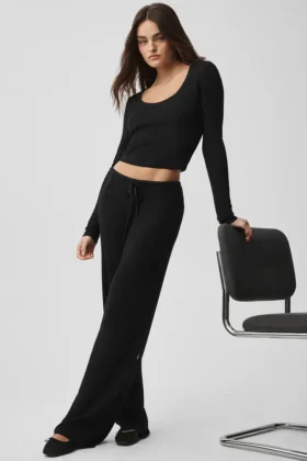Pullover Knit Mid-Rise Unwind Wide Leg Hose – Schwarz