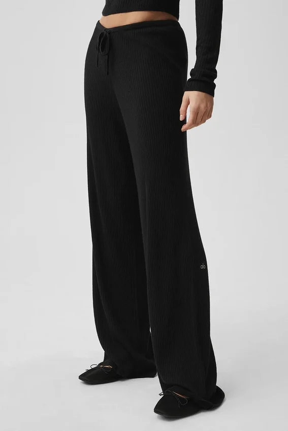 Pullover Knit Mid-Rise Unwind Wide Leg Hose – Schwarz