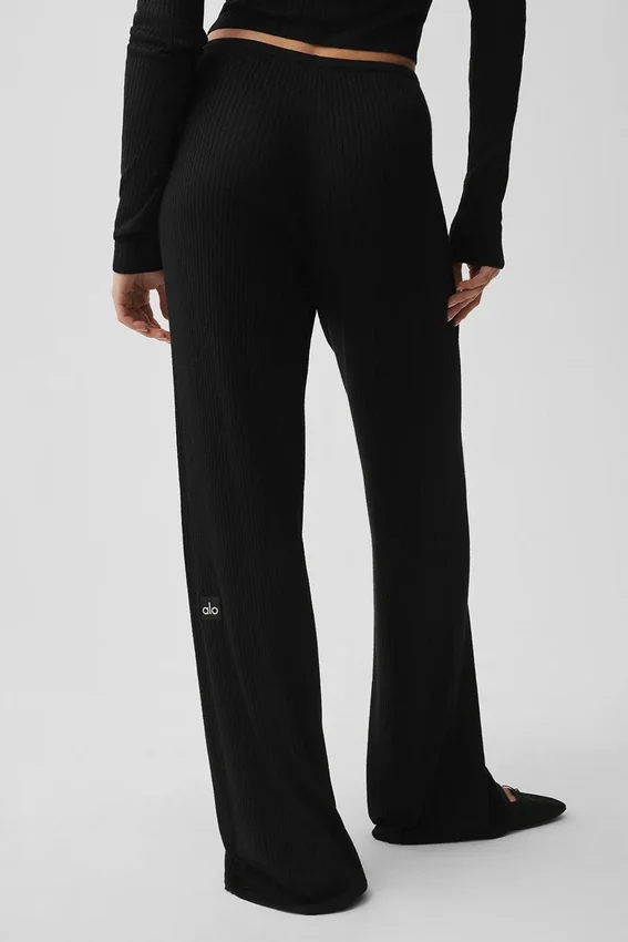 Pullover Knit Mid-Rise Unwind Wide Leg Hose – Schwarz