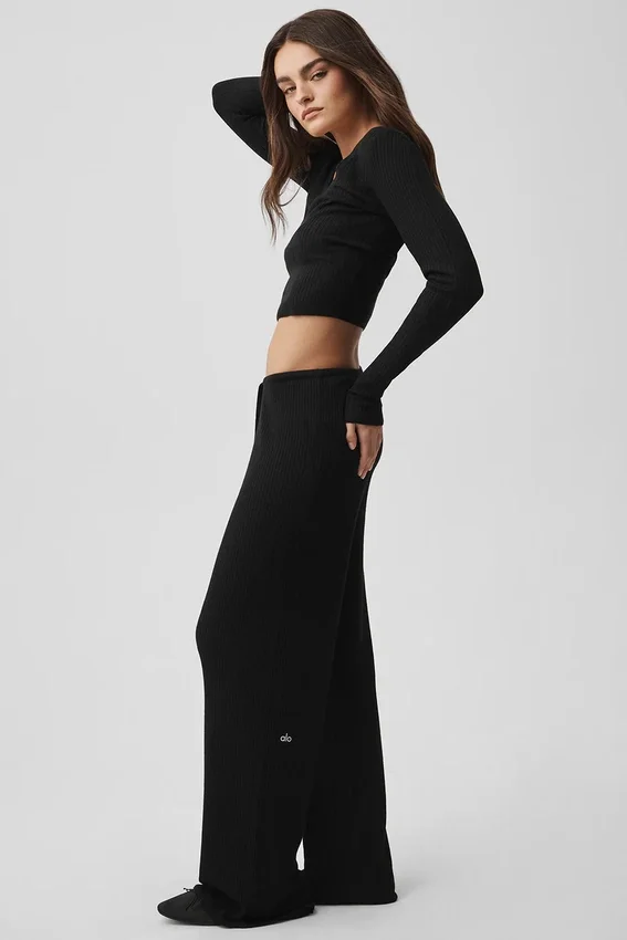 Pullover Knit Mid-Rise Unwind Wide Leg Hose – Schwarz