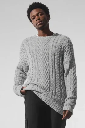 Pullover mit Rundhalsausschnitt und Zopfmuster – Athletic Heather Grey