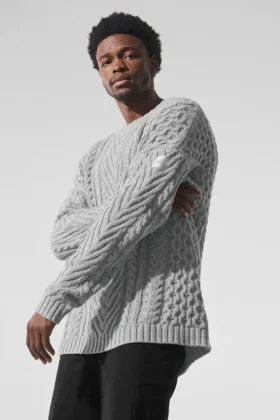 Pullover mit Rundhalsausschnitt und Zopfmuster – Athletic Heather Grey