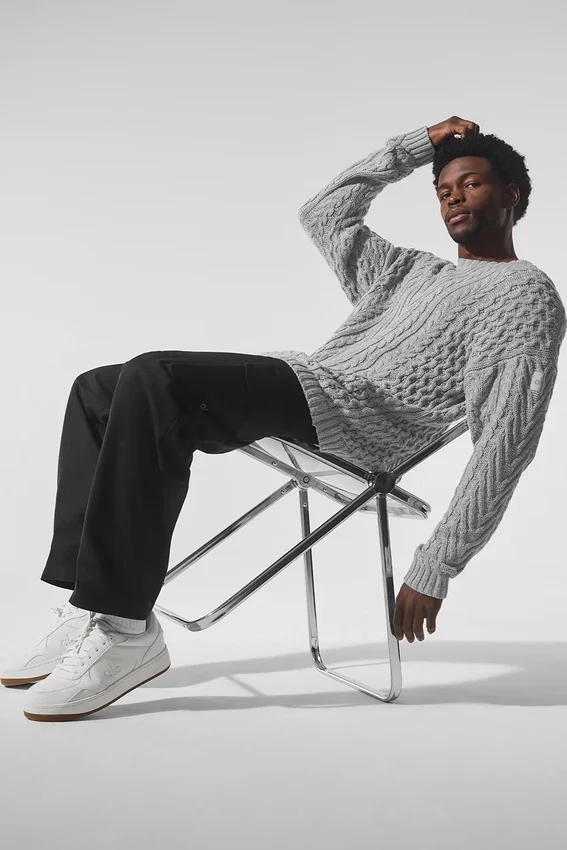 Pullover mit Rundhalsausschnitt und Zopfmuster – Athletic Heather Grey
