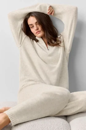 Pullover „New Class“ aus Wolle und Kaschmir mit 1/4-Reißverschluss – Oatmeal Heather