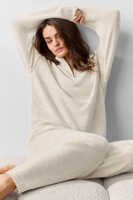 Pullover „New Class“ aus Wolle und Kaschmir mit 1/4-Reißverschluss – Oatmeal Heather