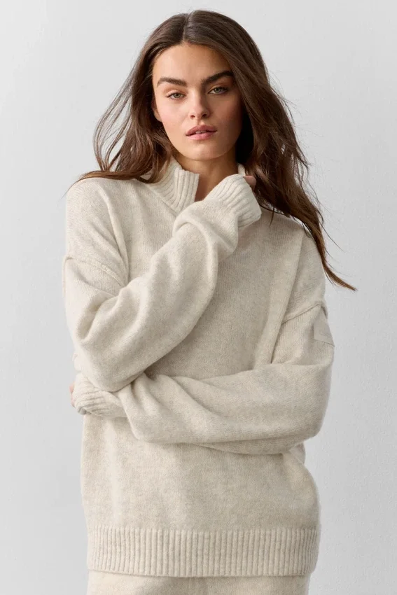 Pullover „New Class“ aus Wolle und Kaschmir mit 1/4-Reißverschluss – Oatmeal Heather