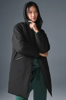 Rain or Shine Puffer-Langmantel – Schwarz