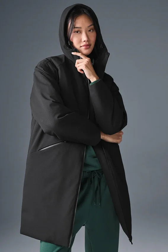 Rain or Shine Puffer-Langmantel – Schwarz